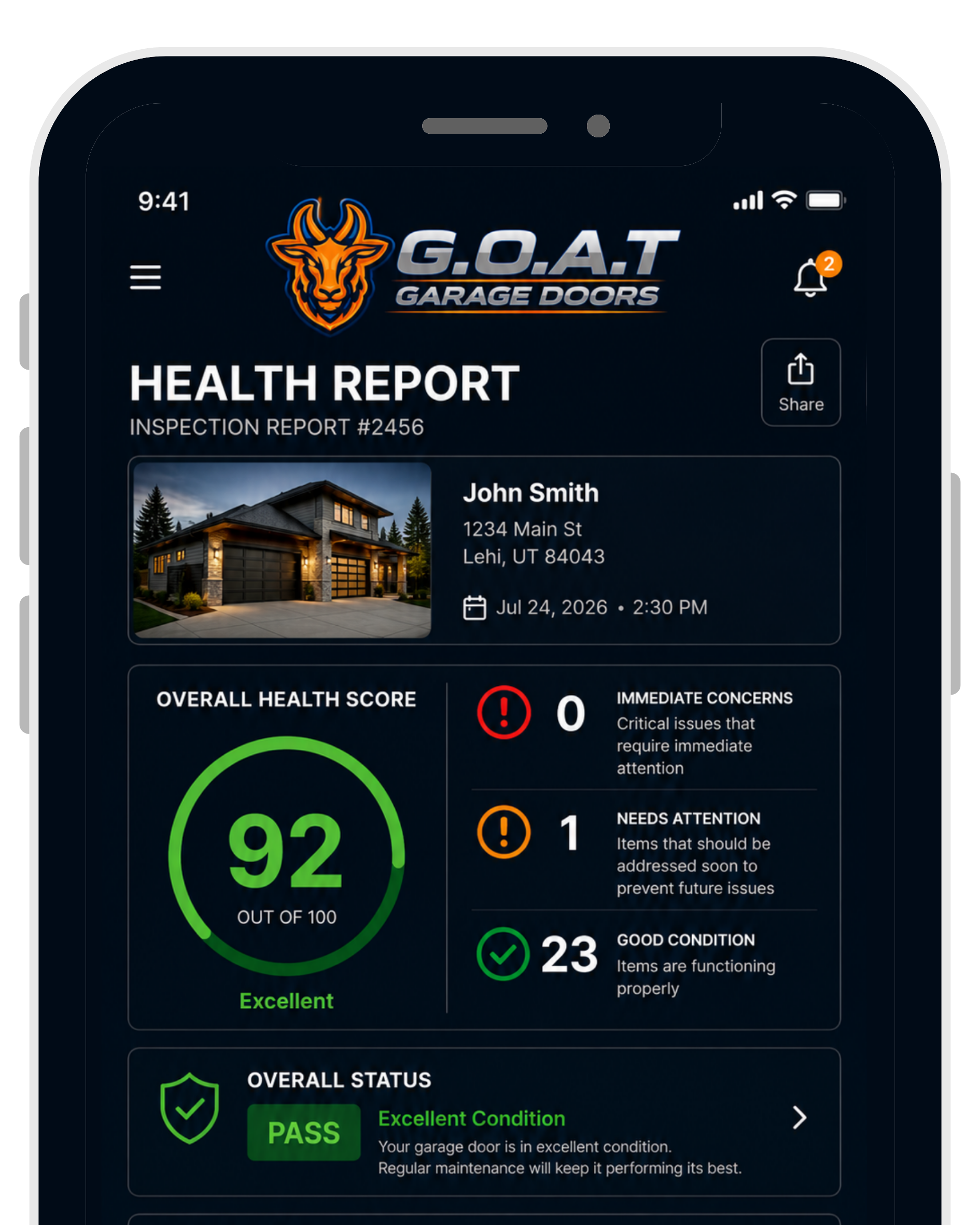 GOAT Health Report app showing a garage door health score of 92