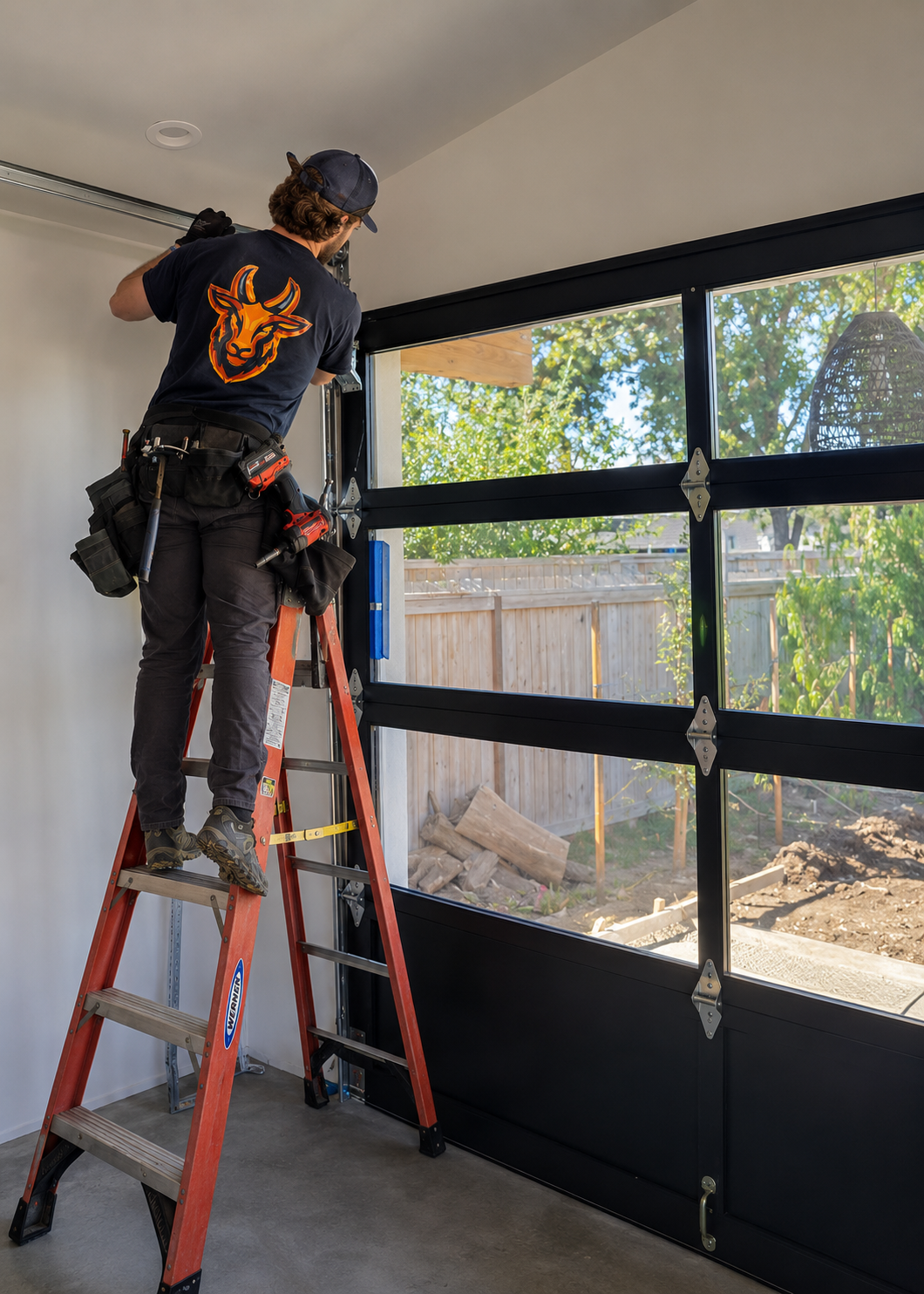 Technician installing a glass garage door