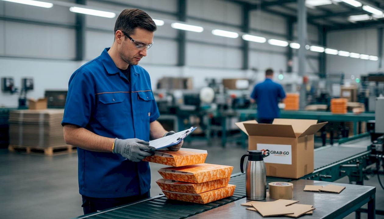 Manager inspecting paperboard food packaging on factory line