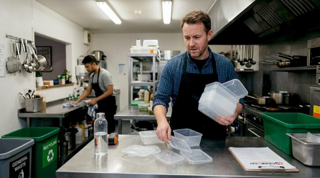 Food service owner sorts plastics in café kitchen