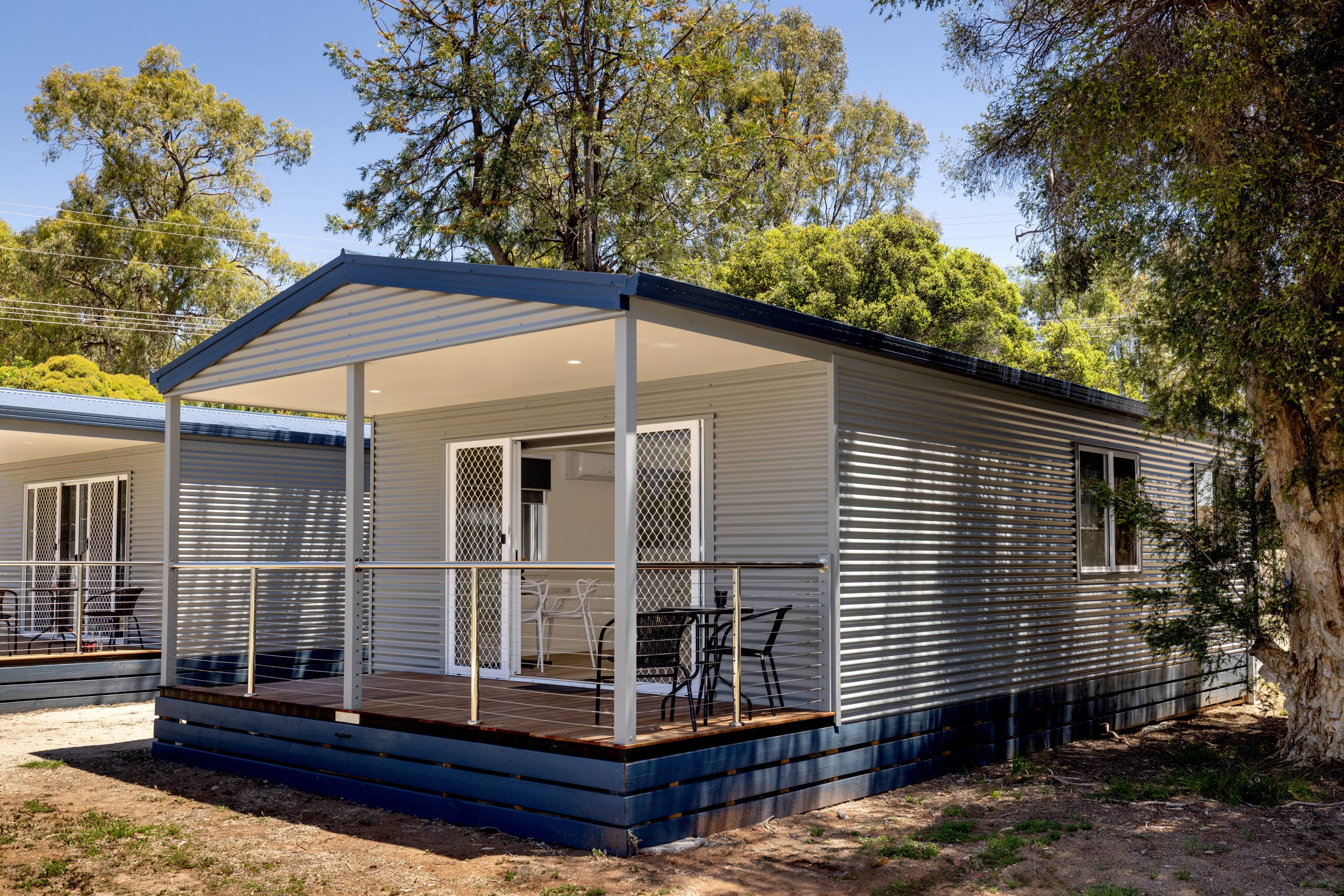 Modern cabin exterior at the holiday park