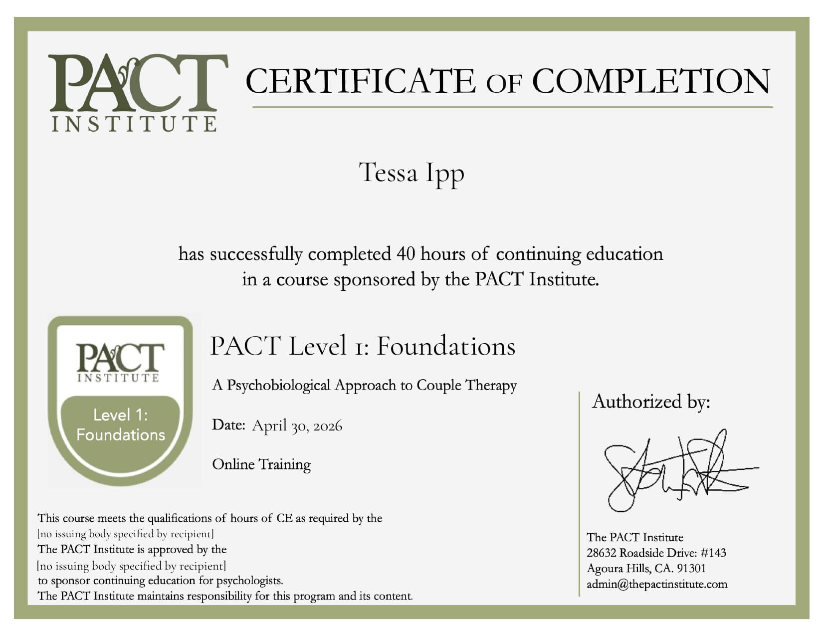 PACT Institute - Certificate of Completion